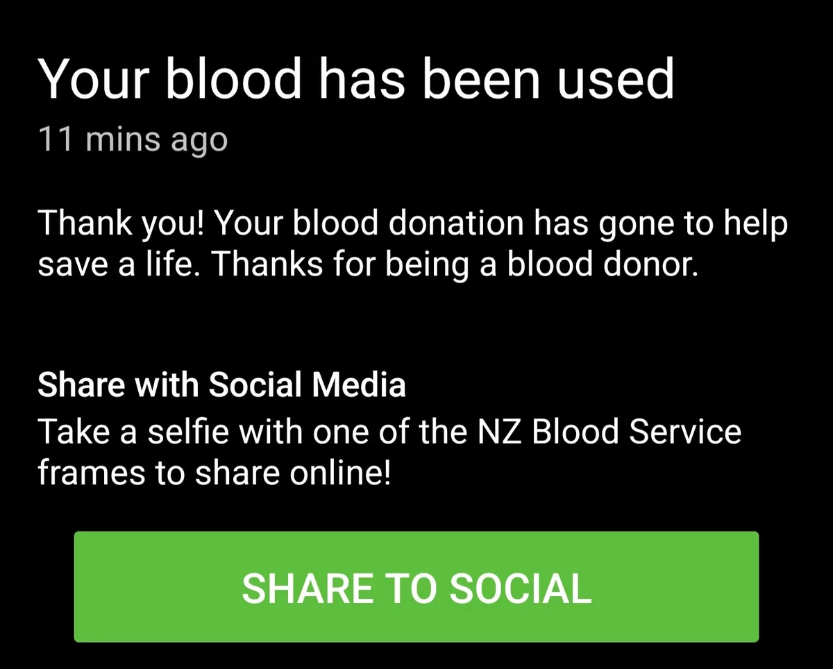 A screenshot of a blood donation confirmation screen from the NZ Blood Service, showing a message that 'Your blood has been…