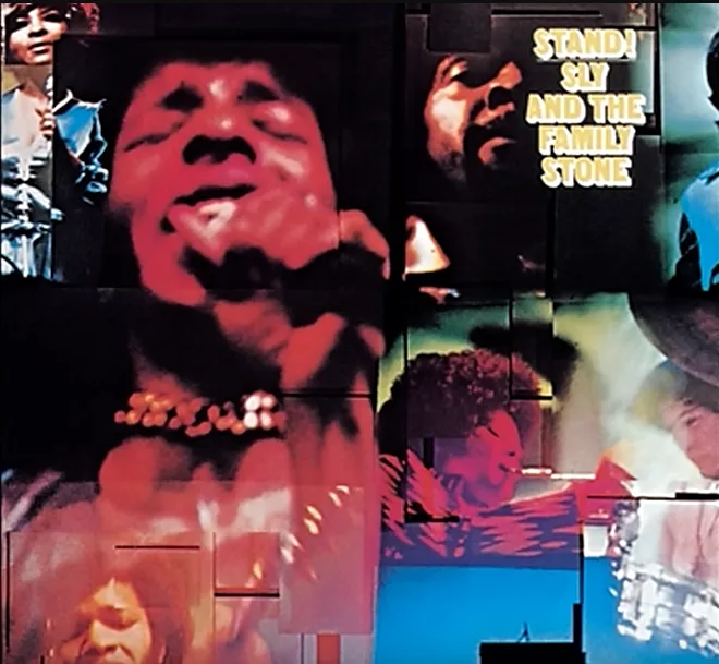 A collage of fragmented, colorful images from the album cover of 'Stand!' by Sly and the Family Stone, featuring close-ups…