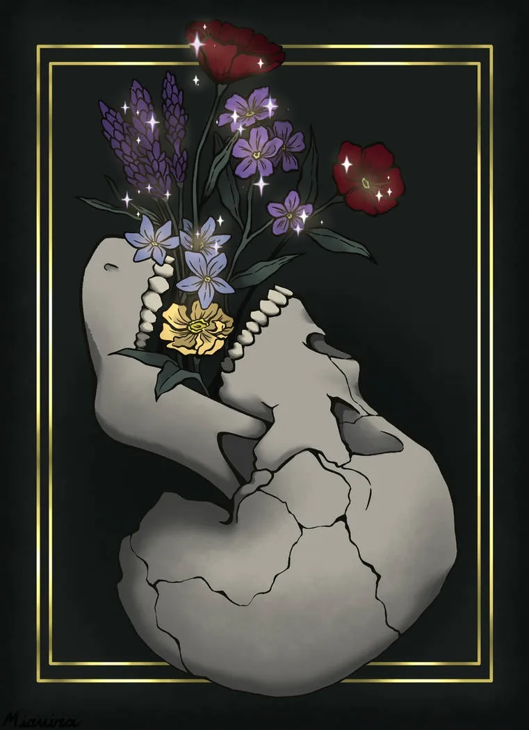 A cracked human skull, framed in gold, has vibrant flowers—red poppies, purple lavender, and yellow blooms—growing from its…