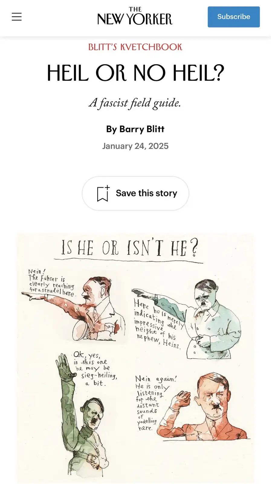 The image is a New Yorker magazine article titled 'HEIL OR NO HEIL? A fascist field guide' by Barry Blitt, dated January 24…