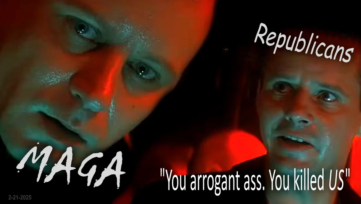 The image shows two men with distressed, sweaty faces under red lighting. The man on the left has "MAGA" written in white…