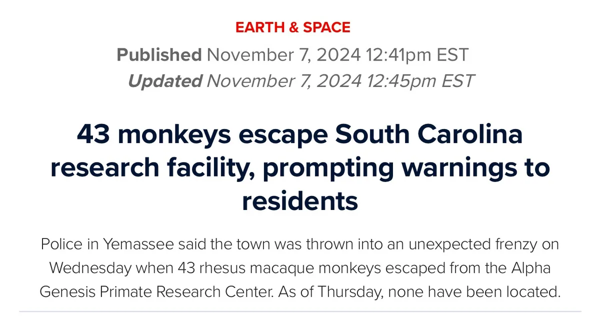 A screenshot of a news article from 'EARTH & SPACE' dated November 7, 2024, with the headline '43 monkeys escape South…