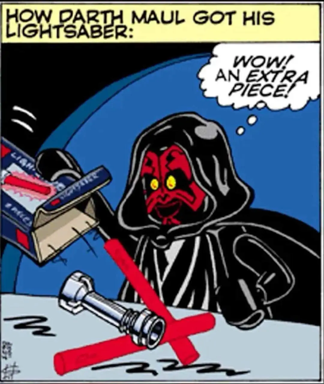 A cartoon Darth Maul, in his signature black robe and red face, looks excitedly at a red lightsaber hilt lying on a surface…