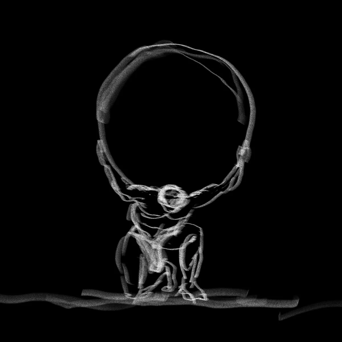 A grainy, black-and-white image shows a skeletal, humanoid figure with a large, circular head and multiple limbs, sitting on…