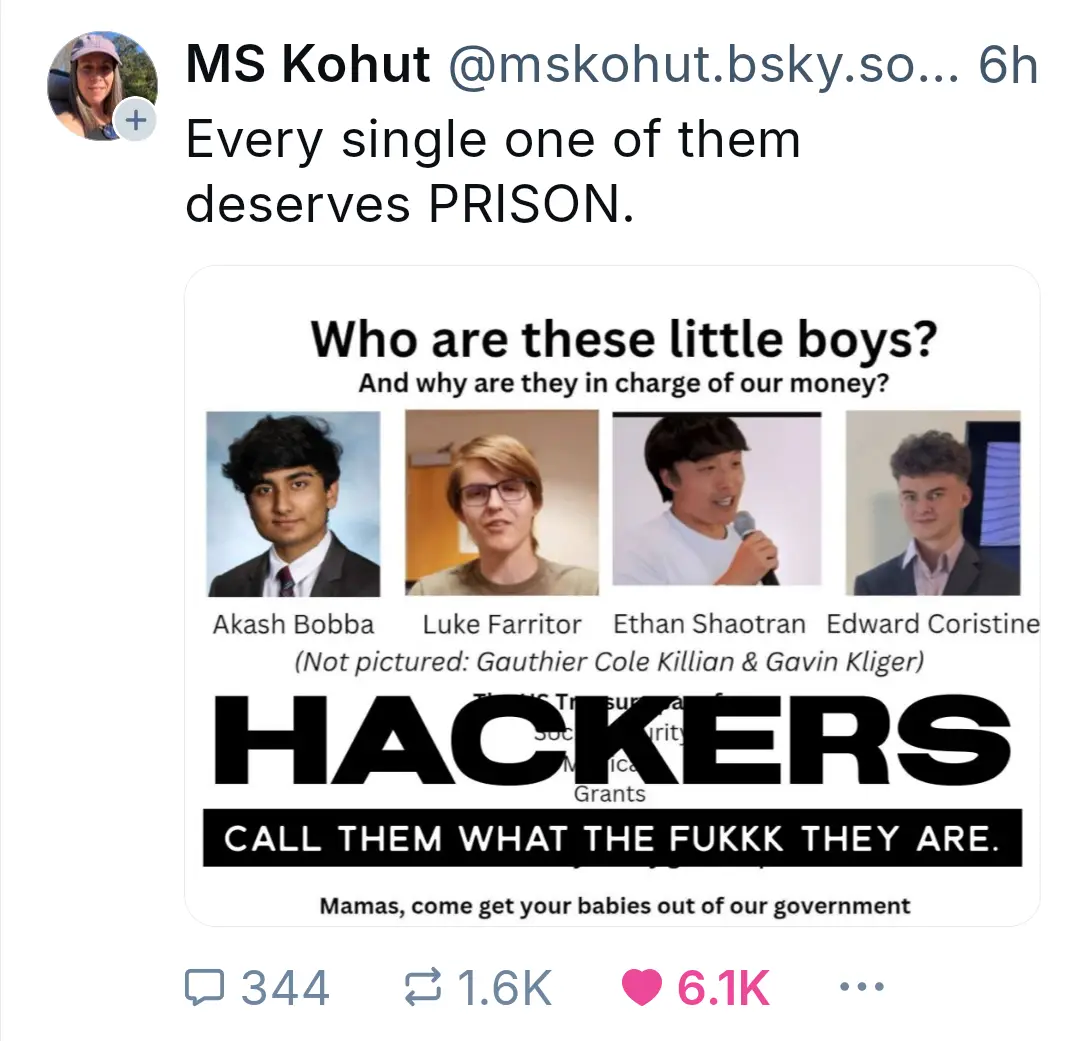 A screenshot of a social media post by MS Kohut, which includes an image with four young men's photos labeled as 'HACKERS'…