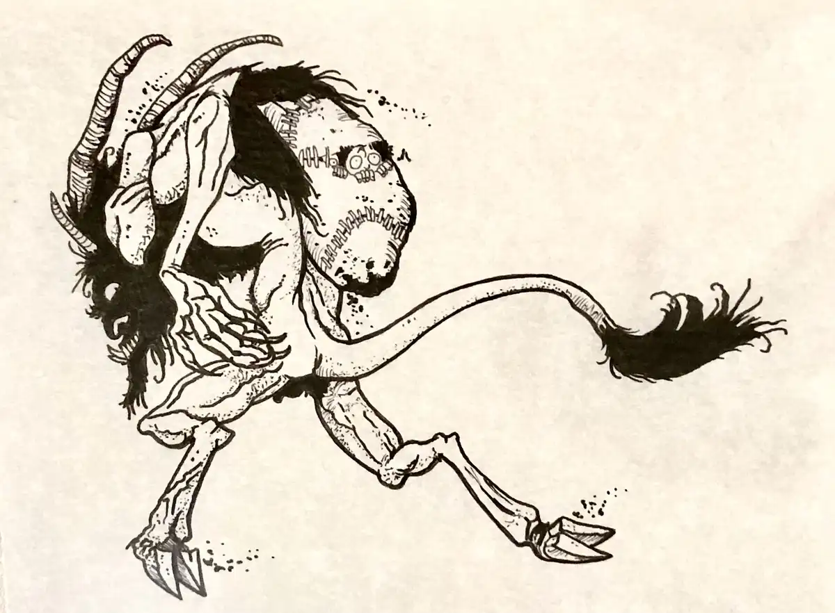 A black-and-white ink drawing depicts a grotesque, stitched-together demonic creature with goat-like horns, a skeletal face…