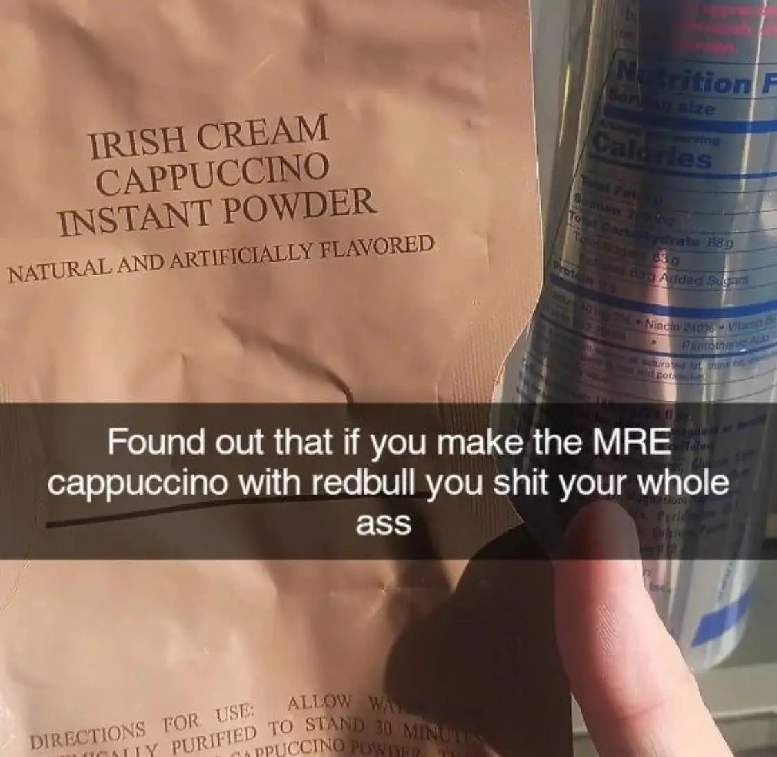 A close-up photo shows a hand holding a can of Red Bull next to a brown packet labeled 'IRISH CREAM CAPPUCCINO INSTANT…