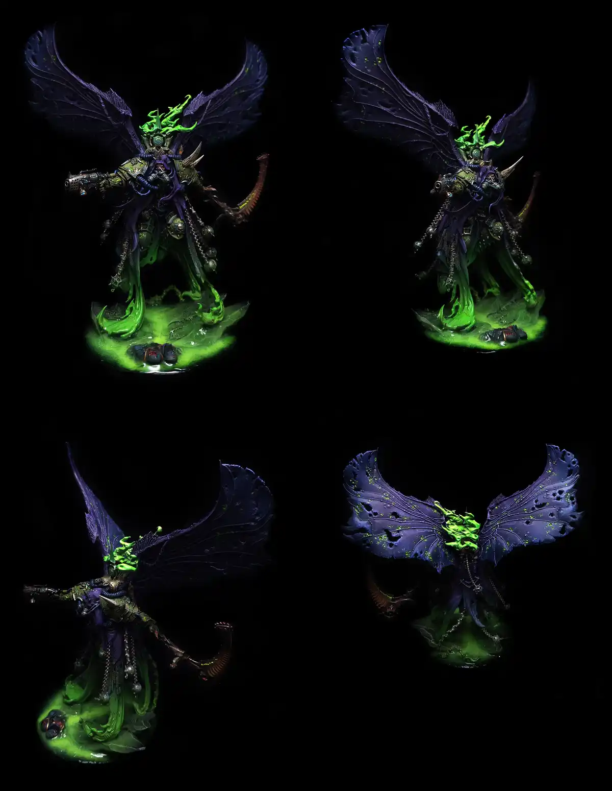 Four images show a heavily detailed, dark fantasy miniature of a winged, green-tinged demonic figure with ornate armor and…