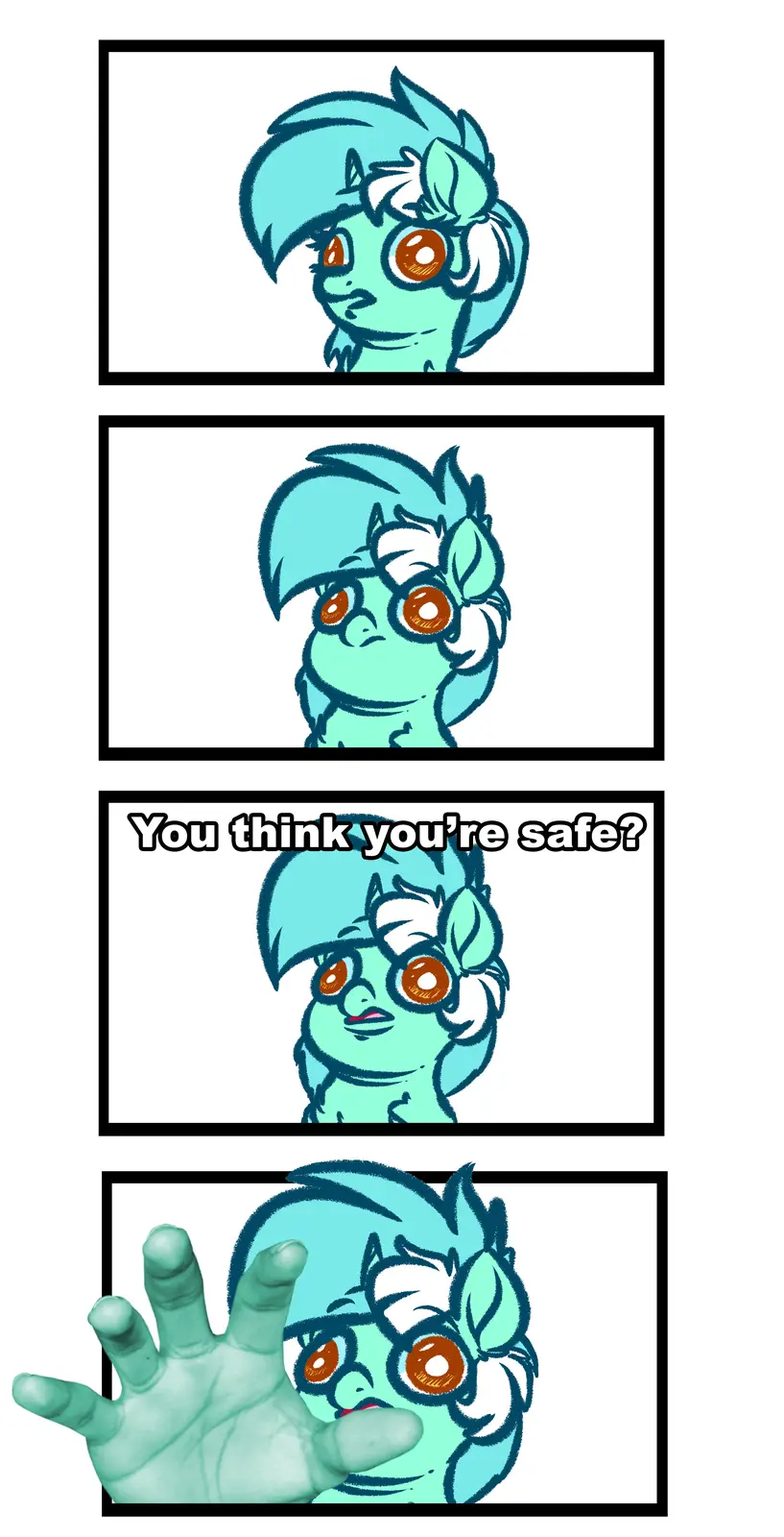 A four-panel comic strip shows a teal-colored cartoon character with orange eyes and a white flower in her hair. In the…