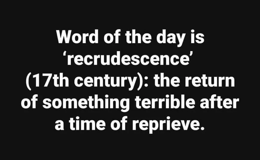 A black background with white text defines the word 'recrudescence' as 'the return of something terrible after a time of…