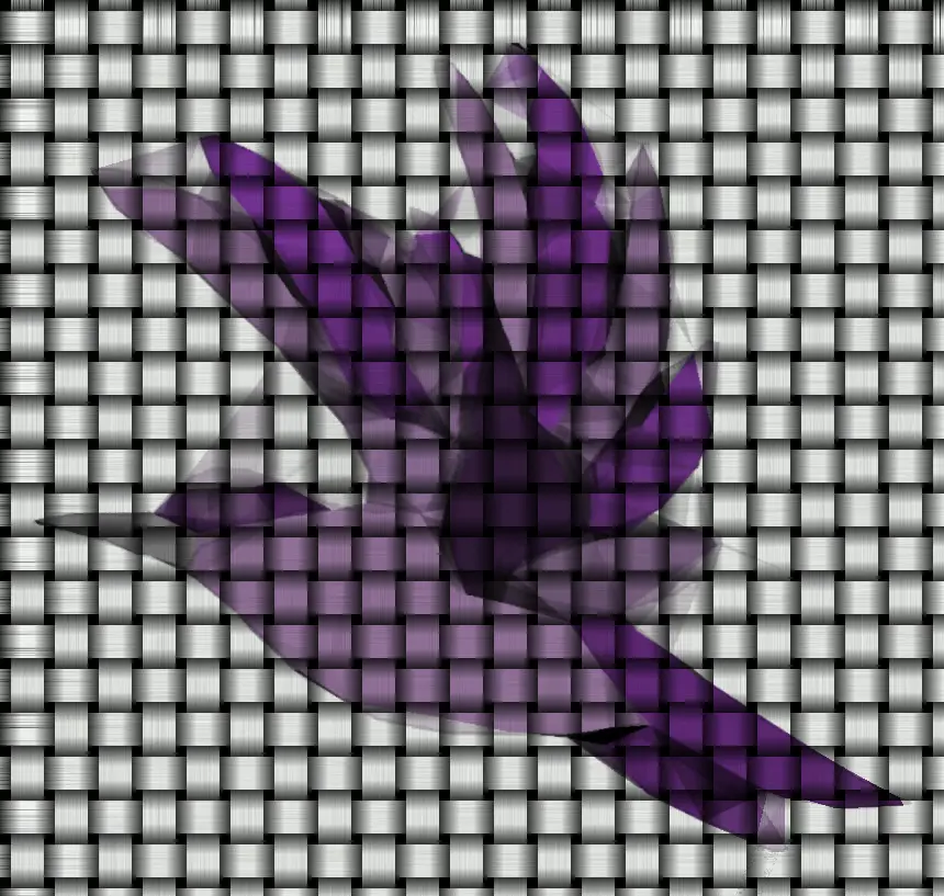 A purple, stylized bird is depicted against a gray and white woven or mesh background, appearing to be trapped within the…