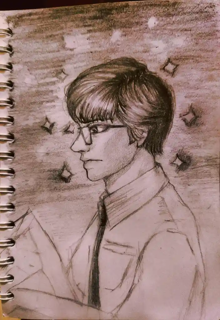 A pencil sketch in a spiral-bound notebook shows a young man in profile wearing glasses and a collared shirt, with sparkles…