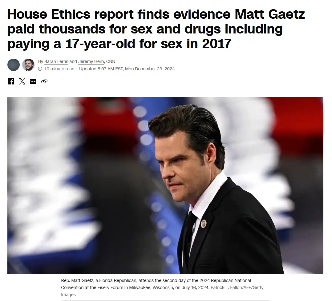 A screenshot of a CNN news article headline about Rep. Matt Gaetz, showing a photo of him in a suit looking away. The…
