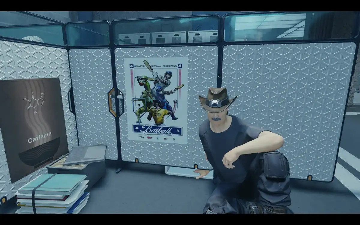 A video game character wearing a cowboy hat and mustache kneels in a room with a poster for 'Batball' from the 'Galactic…
