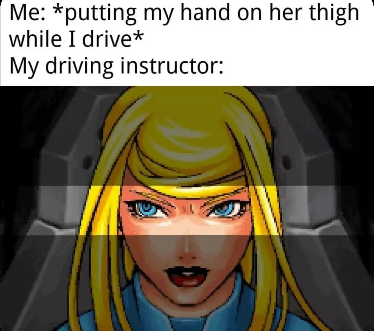 The image shows a pixelated anime-style woman with blonde hair and blue eyes, looking intensely angry. Her face is split…
