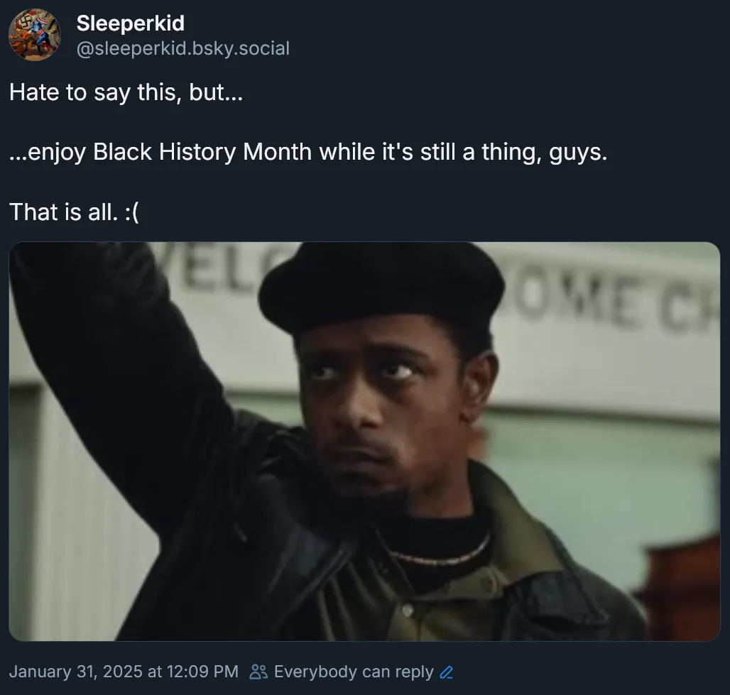 A screenshot of a social media post by 'Sleeperkid' featuring a still image of a Black man in a black beret and jacket…