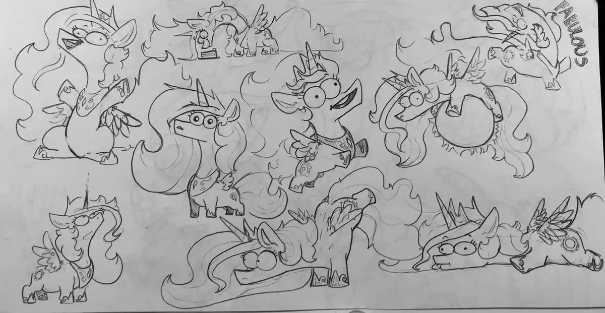 A black-and-white pencil sketch shows multiple cartoonish, winged, horned pony characters in various poses and expressions…