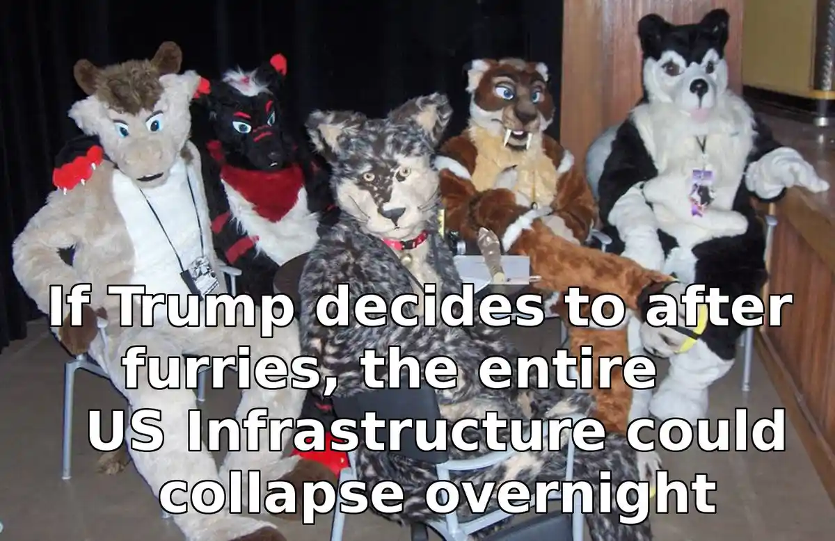 Five people in full animal fursuit costumes sit in chairs in a room. The overlaid text reads: 'If Trump decides to after…