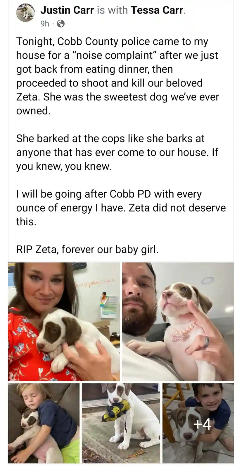 A Facebook post by Justin Carr and Tessa Carr shows a collage of five photos featuring a brown and white puppy named Zeta…