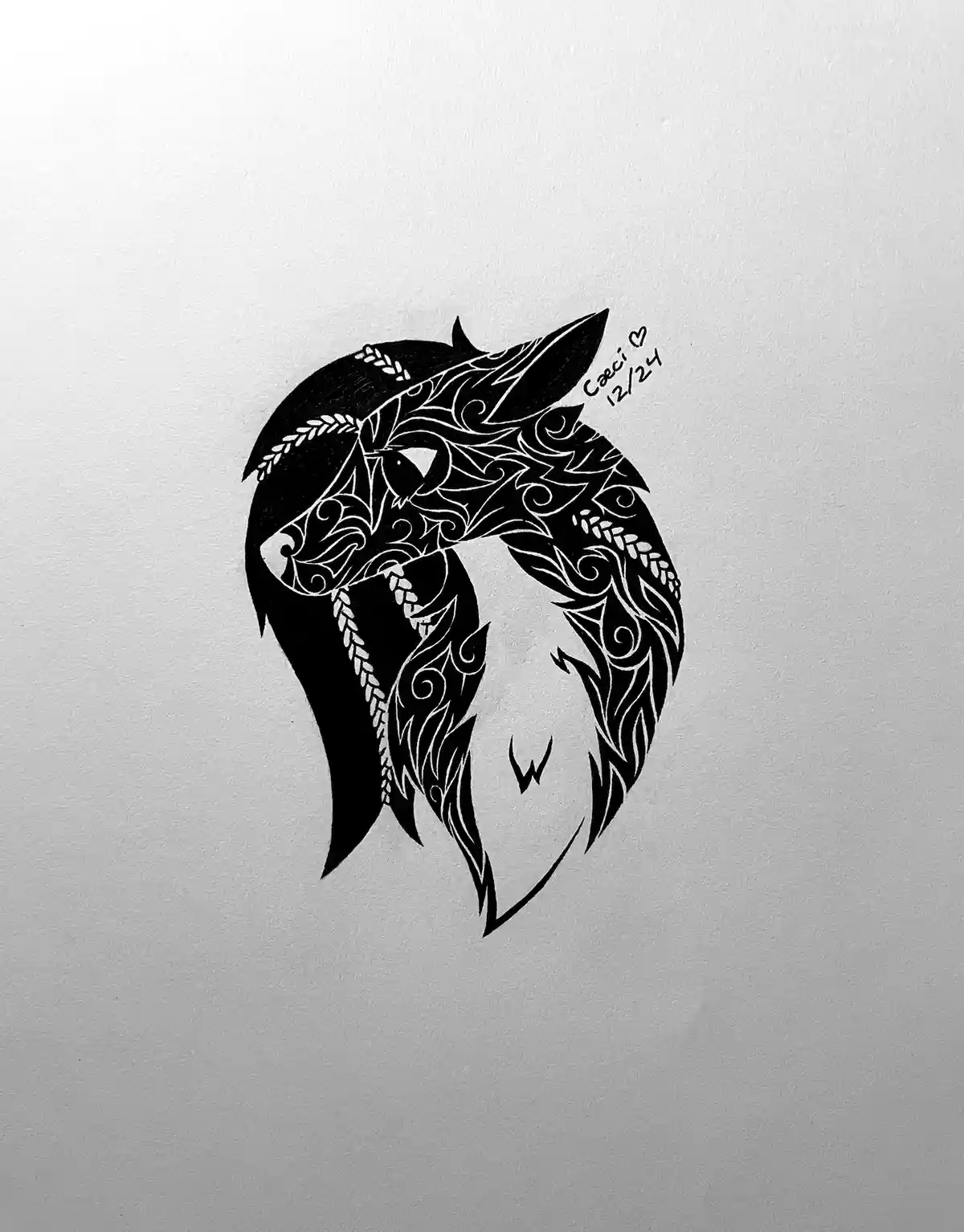 A black and white artistic drawing of a stylized horse head on textured paper, featuring intricate swirling patterns and…