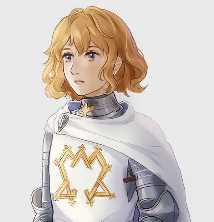 An anime-style illustration of a young person with wavy blonde hair and blue eyes, wearing silver armor and a white cape…