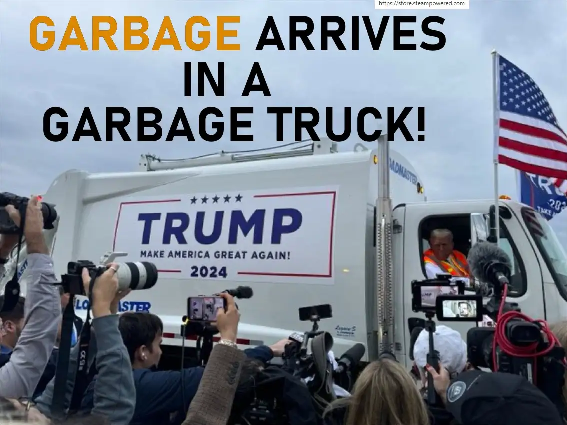 A white garbage truck with a 'TRUMP MAKE AMERICA GREAT AGAIN! 2024' campaign banner is surrounded by reporters and cameras…