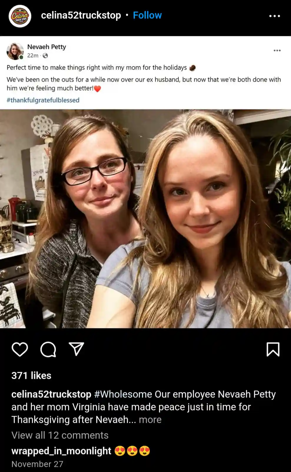 An Instagram post shows a selfie of two women, a younger woman with long blonde hair and a woman with glasses and brown…