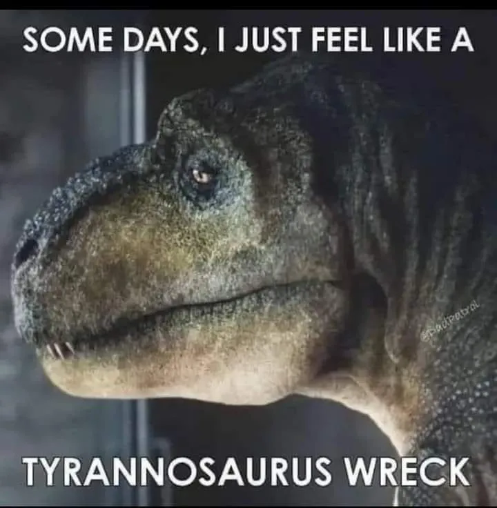 A close-up image of a Tyrannosaurus rex's head, looking slightly weary or defeated, with white bold text overlaid at the top…