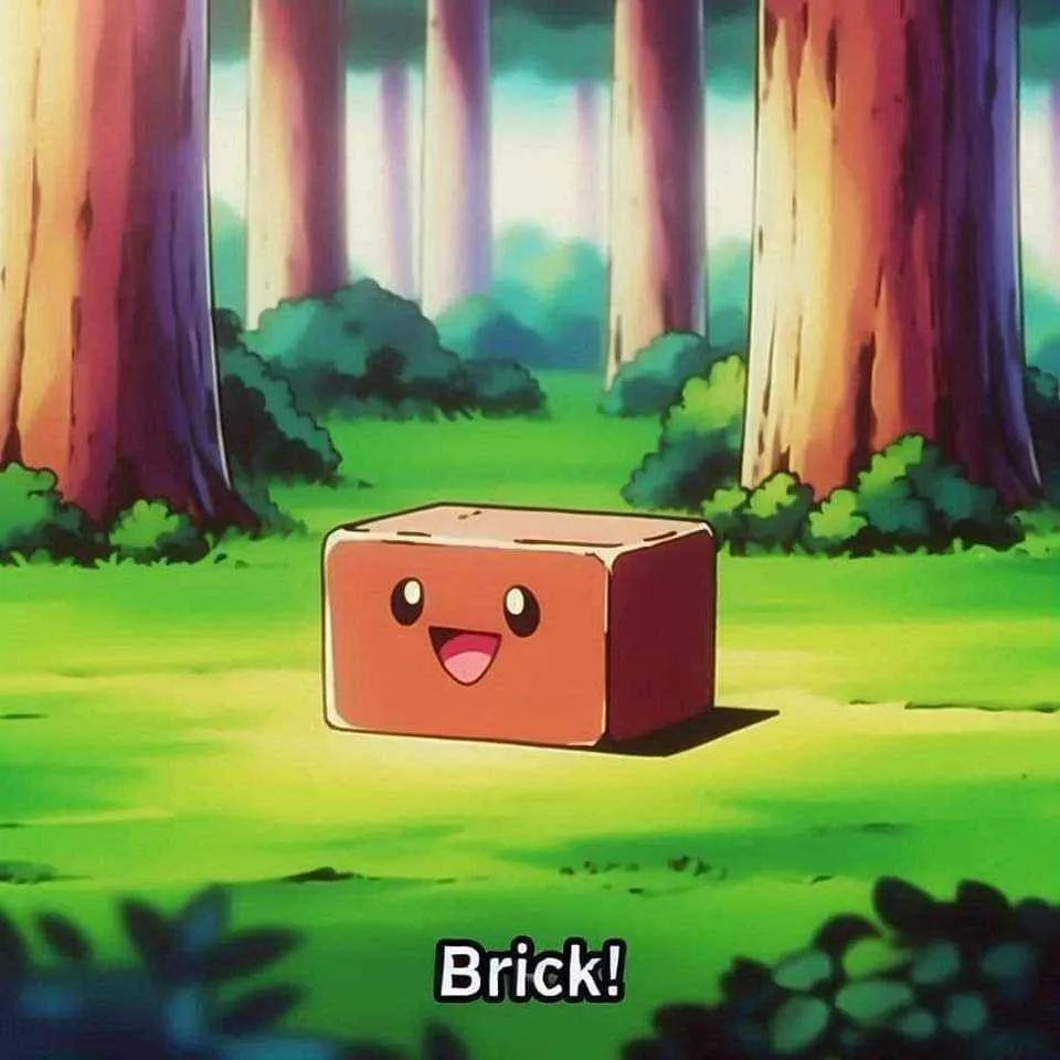 A cheerful, cartoonish red brick with a smiling face sits in a sunlit forest clearing surrounded by tall trees and green…