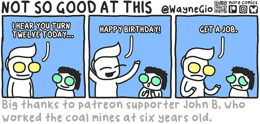 A three-panel comic strip shows a white cartoon character with yellow eyes and a black-haired child with green eyes. In the…