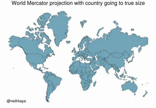 Six world maps in Mercator projection, each showing countries distorted in size to reflect their true land area, with the…
