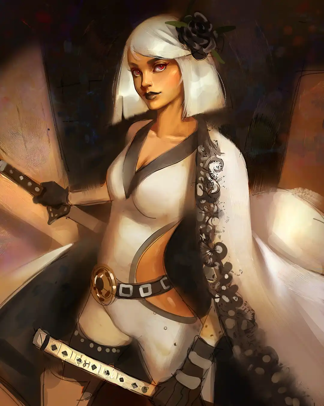 A stylized digital illustration of a woman with short white hair and red eyes, wearing a white and black outfit with a black…