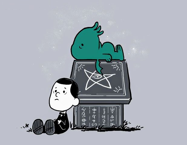 A cartoon man in a suit sits sadly beside a tombstone with a pentagram and occult symbols, while a green baby dragon lounges…