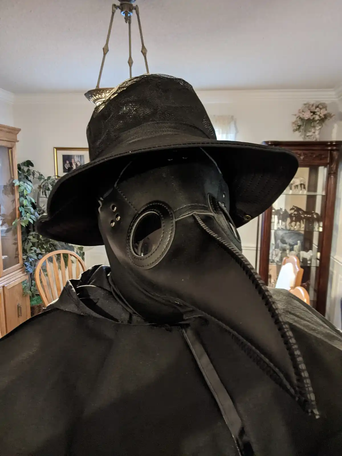 A person wearing a full black plague doctor costume, including a long-beaked mask and wide-brimmed hat, is photographed…