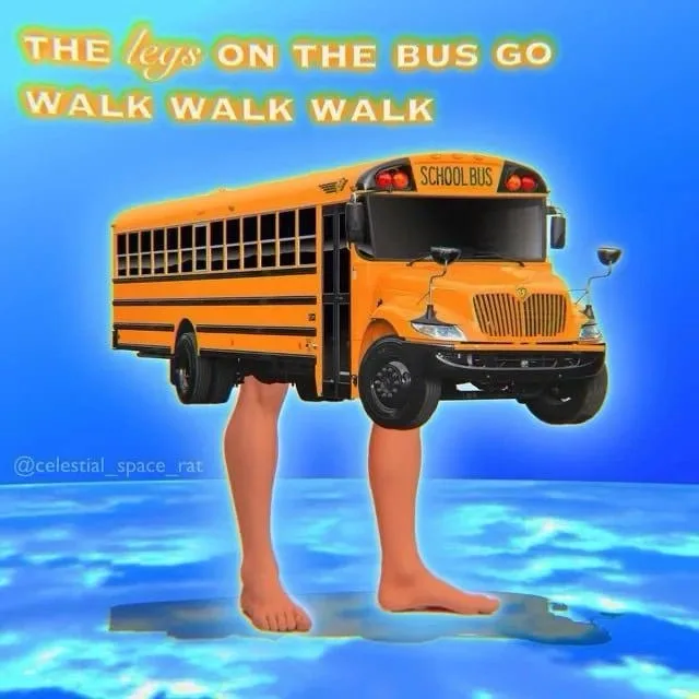 A yellow school bus is depicted floating above a blue, watery surface, with two human legs attached to its underside…