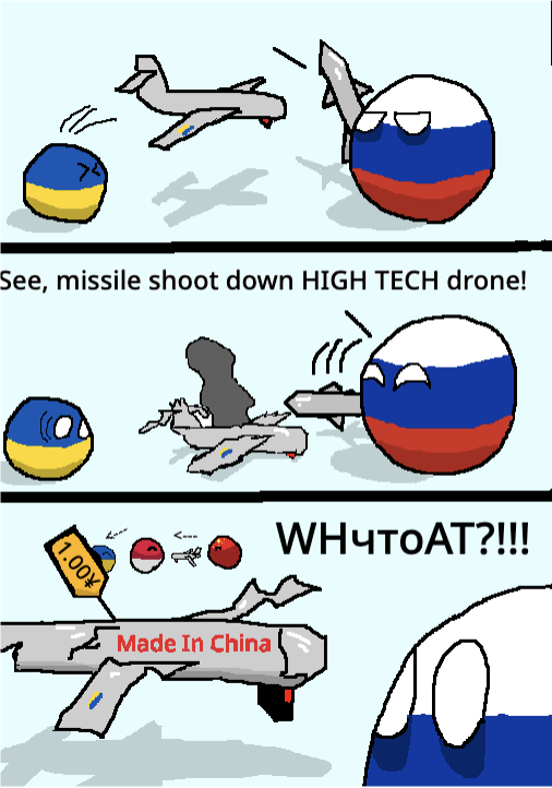 A three-panel cartoon depicts a Russian sphere boasting about shooting down a Ukrainian drone, only to be shocked when the…