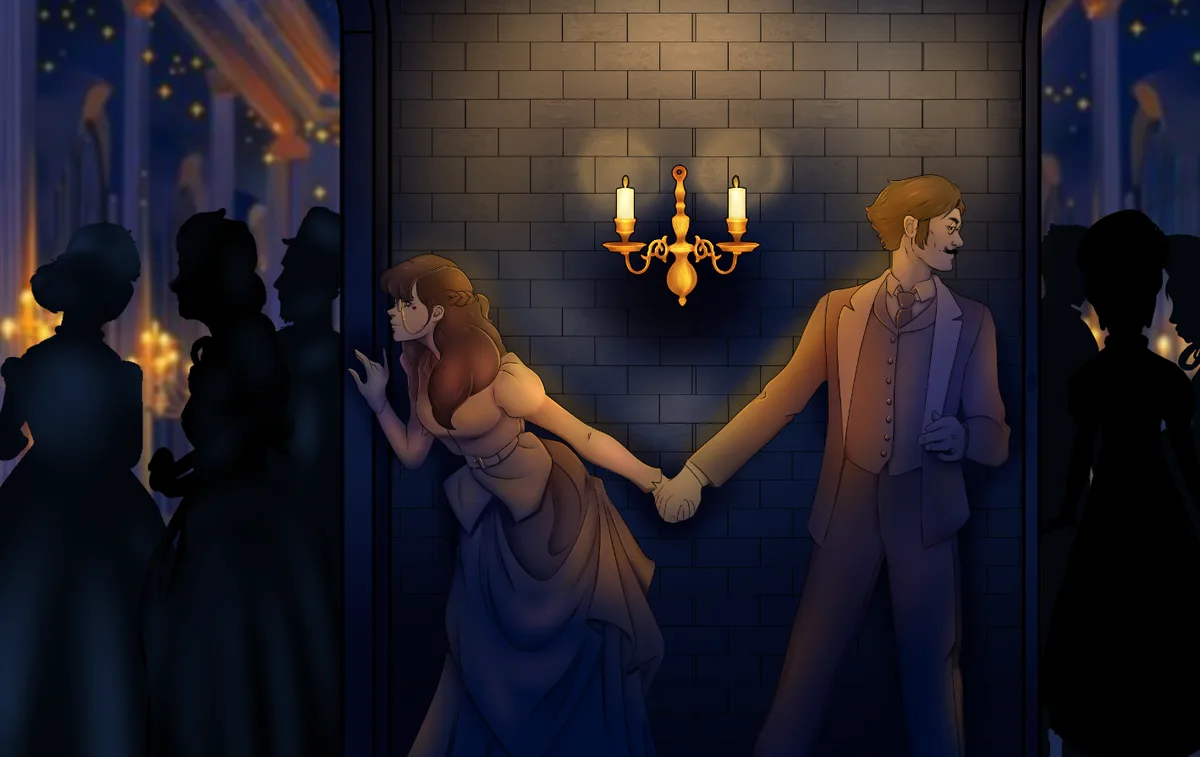 A man and woman in vintage formal attire stand in a dimly lit hallway with a candle sconce on a brick wall behind them. The…