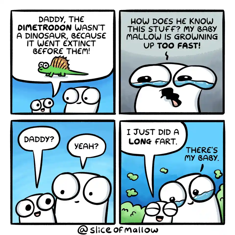 A four-panel comic shows a baby cartoon character explaining to its dad that a dimetrodon wasn't a dinosaur because it went…