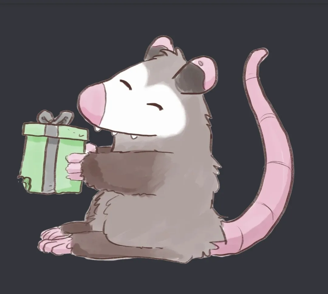A cartoon illustration of a happy, fluffy opossum with a pink tail sitting and holding a small green gift box with a gray…