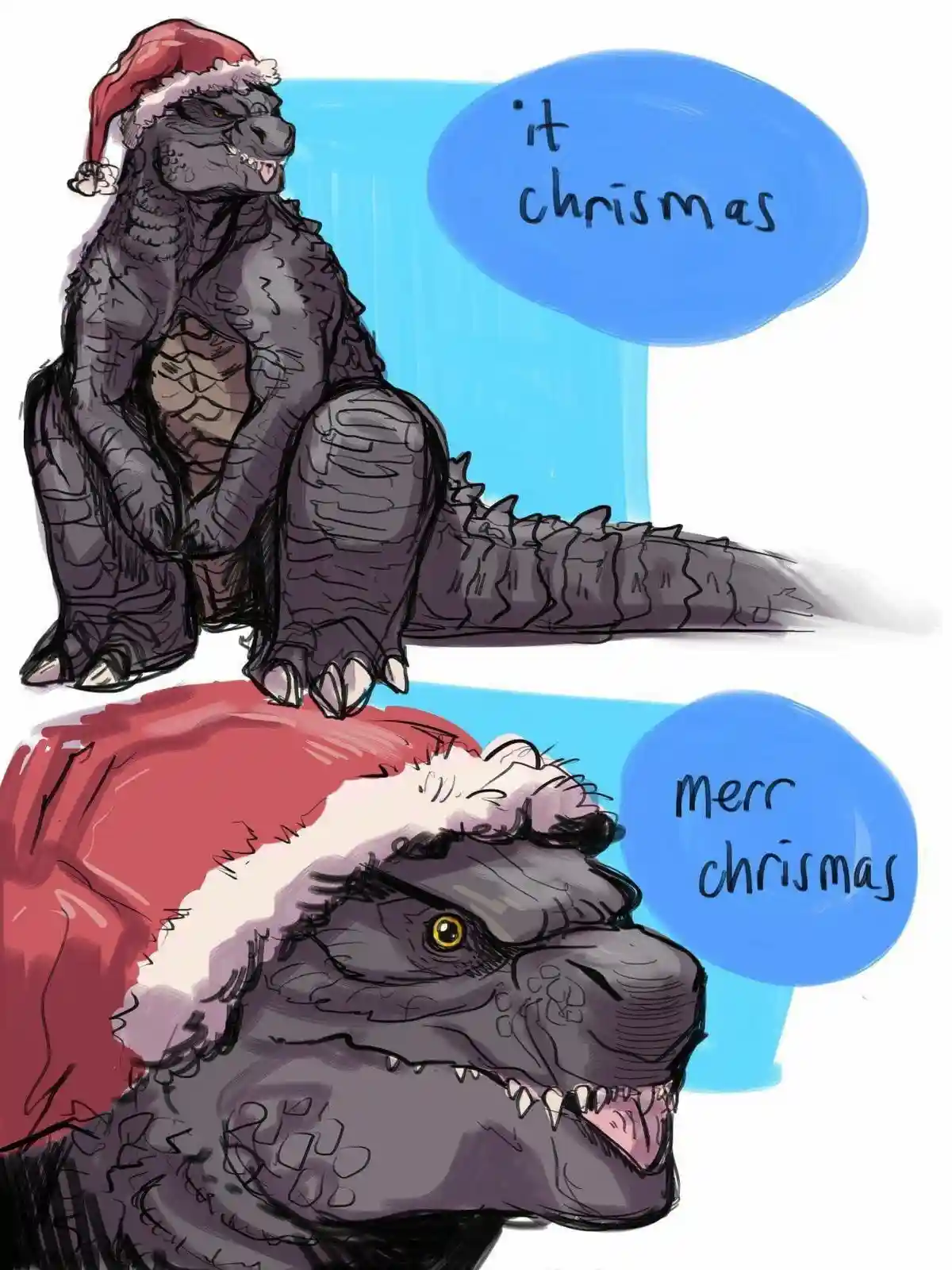 Two cartoon depictions of Godzilla wearing red Santa hats. The top panel shows Godzilla sitting upright with a speech bubble…