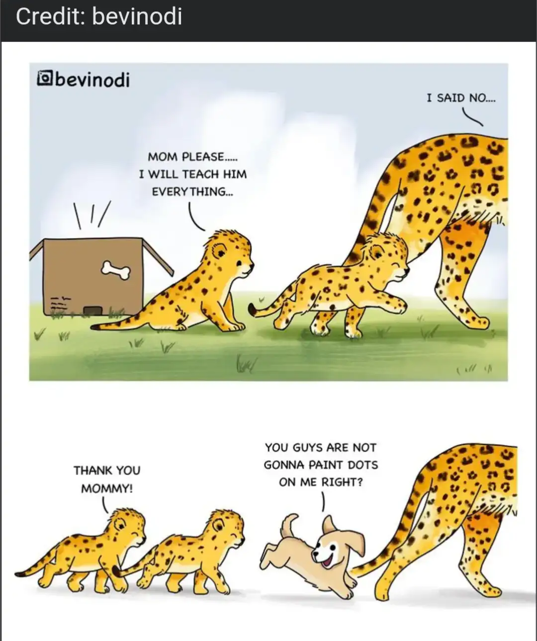 A two-panel cartoon shows a cheetah cub begging its mother to let it adopt a puppy, promising to teach it everything. The…