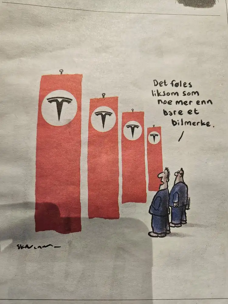 A cartoon shows two men looking up at four progressively smaller red banners, each displaying the Tesla logo. The text in…