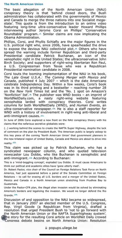 The image displays a screenshot of a Wikipedia article titled 'The North American Union,' detailing a conspiracy theory…