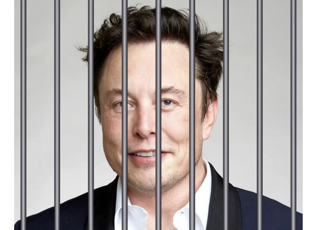 A photo of elon musk with vertical prison bars superimposed over his face, obscuring parts of his features. He is wearing a…