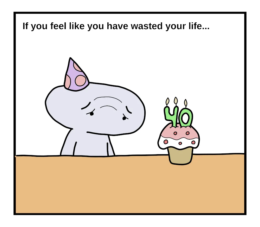 A cartoon character wearing a party hat looks sad while staring at a cupcake with candles shaped like the number '40'. The…