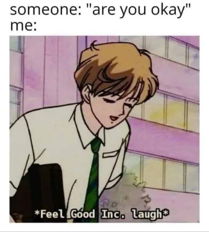 An anime-style image shows a young man with brown hair, wearing a white shirt and green tie, looking down with a slight…