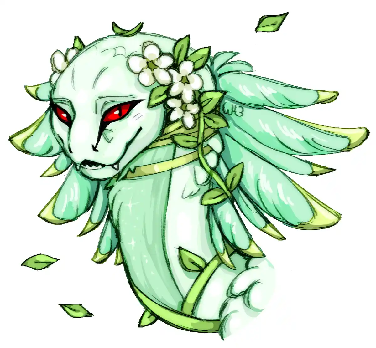 A cartoonish, light green, plant-like creature with red eyes, leafy wings, and a vine with white flowers wrapped around its…