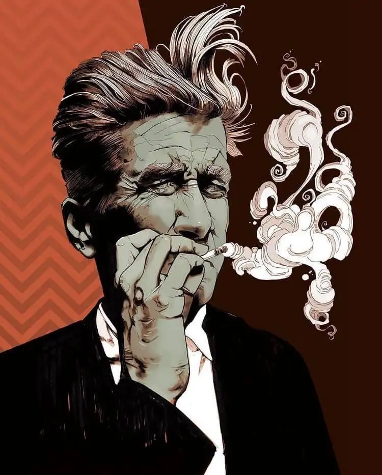 A stylized illustration of a man with wild hair, wearing a suit and smoking a cigarette, with ornate smoke swirling from his…