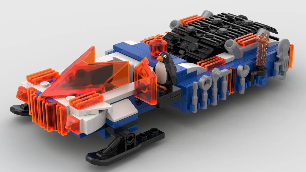 A detailed Lego model of a futuristic car, primarily blue and white with orange translucent parts, features a small penguin…