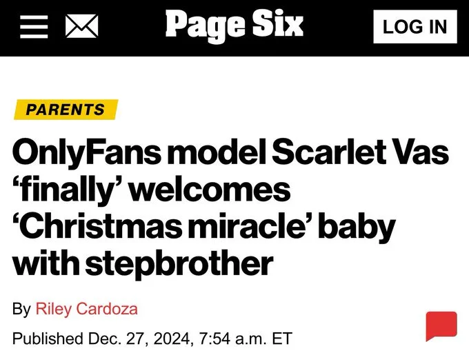 A screenshot of a Page Six news article headline reads 'OnlyFans model Scarlet Vas 'finally' welcomes 'Christmas miracle'…